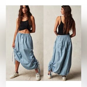 Free People Picture Perfect Parachute Skirt Drawstrings Pockets Blue Gray L